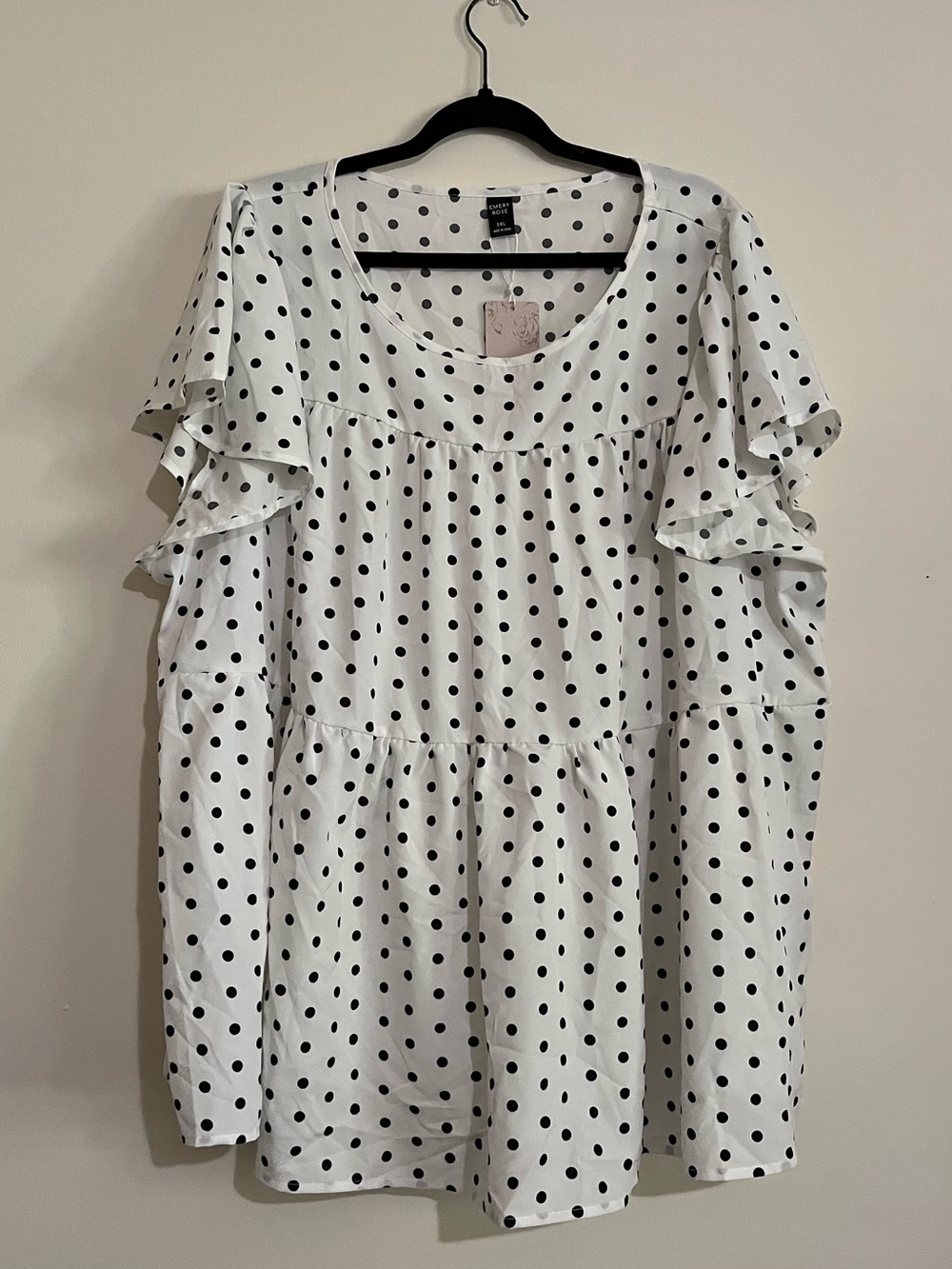 White With Black Polka Dot Blouse Flutter Sleeve Tiered Top
